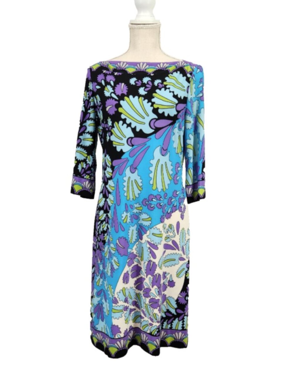 Dressbarn Shift Dress Womens 10 Boat Neck 3/4 Sleeve Floral Paisley Retro Blue
